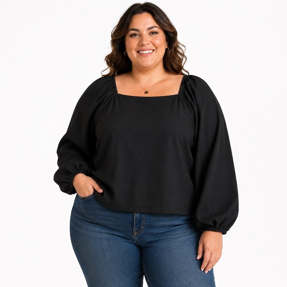 NWT Madewell Crepe Square-Neck Puffed Sleeve Blouse Size 2X Black